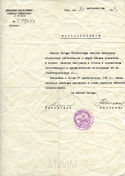 KKE 5780.jpg - Dok. Zaświadczenie wystawione przez Zarząd Okręgu Wileskiego Rodziny Kolejowej stwierdzające prace Heleny Awgul na kolei, Wilno, 31 X 1939 r.